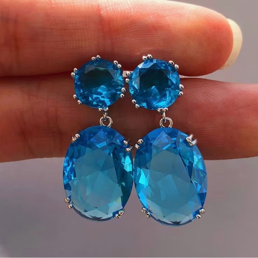 🩵 NEW Elegant Blue Crystal Gemstone Drop Silver Earrings 🩵